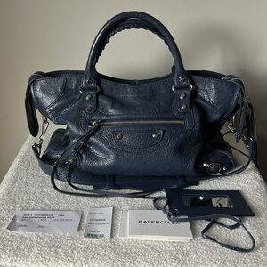 Balenciaga City Bag - Navy Blue Leather Handbag
Silver Hardware